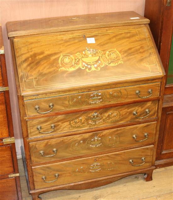 An Edwardian brass and mother of pearl inlaid mahogany bureau, W.78cm